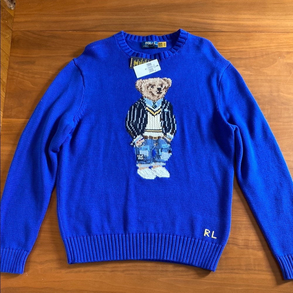 Polo by Ralph Lauren Blue Crewneck Sweater with Bear Design